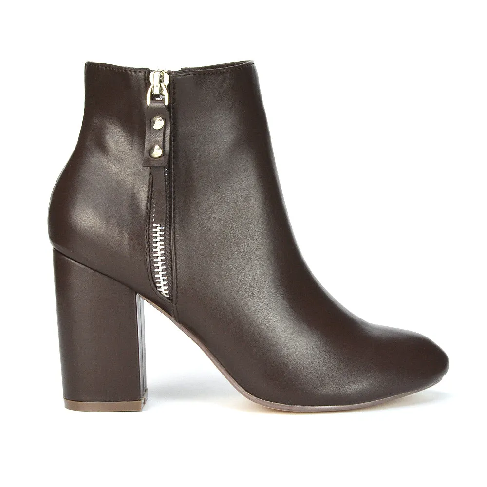 Andrea Pointed Toe Zip Up Statement High Block Heel Ankle Boots In Brown Synthetic Leather