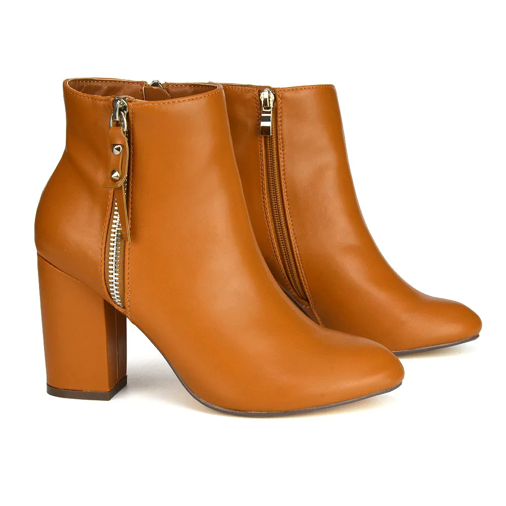 Andrea Pointed Toe Zip Up Statement High Block Heel Ankle Boots In Brown Synthetic Leather