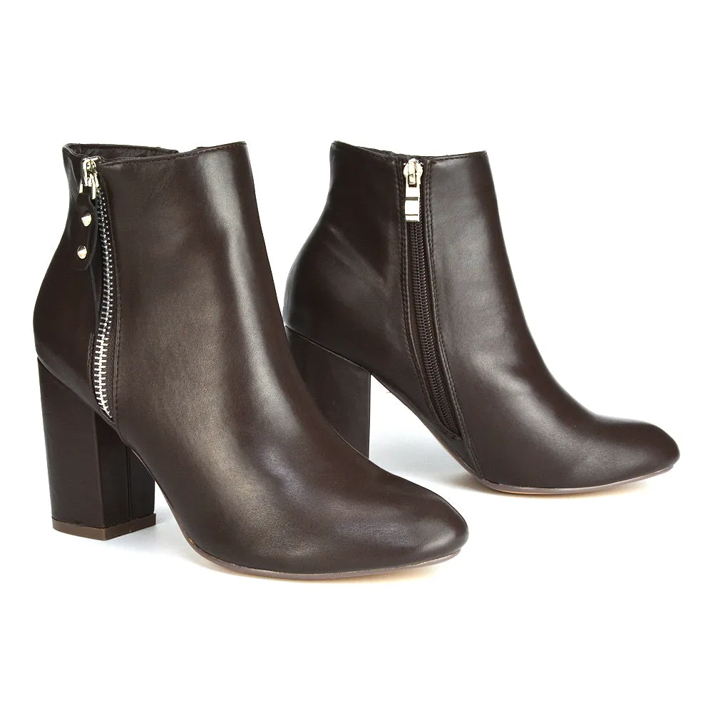 Andrea Pointed Toe Zip Up Statement High Block Heel Ankle Boots In Brown Synthetic Leather