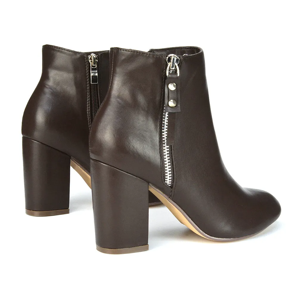 Andrea Pointed Toe Zip Up Statement High Block Heel Ankle Boots In Brown Synthetic Leather