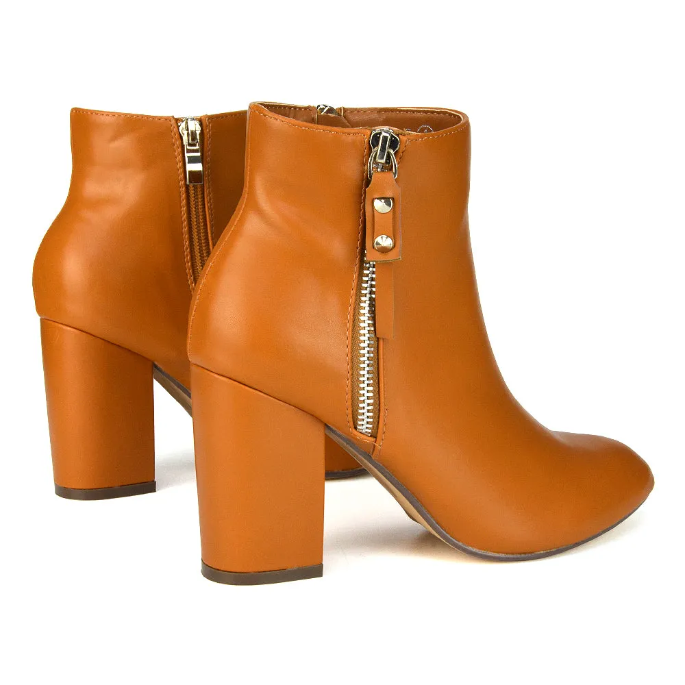 Andrea Pointed Toe Zip Up Statement High Block Heel Ankle Boots In Brown Synthetic Leather