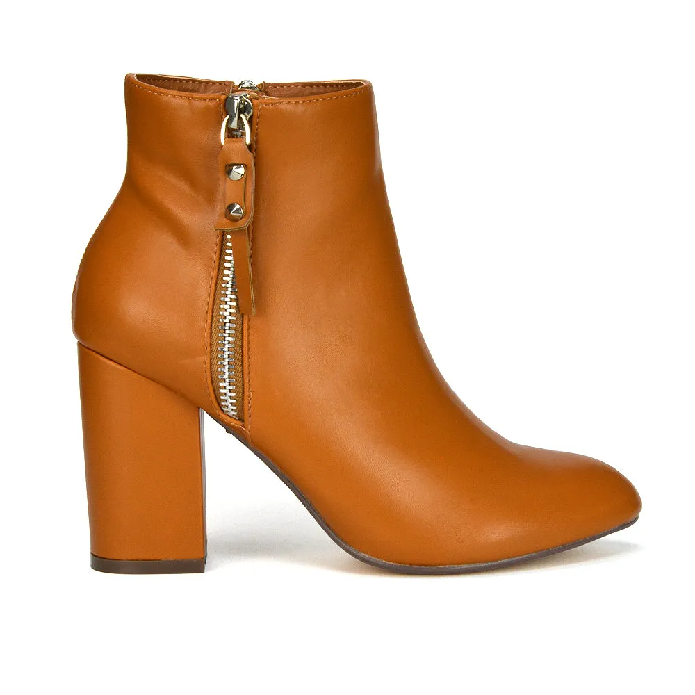 Andrea Pointed Toe Zip Up Statement High Block Heel Ankle Boots In Tan Synthetic Leather