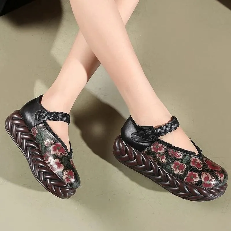 Ankle Strap Genuine Leather Handmade Platform Wedges Women Pumps