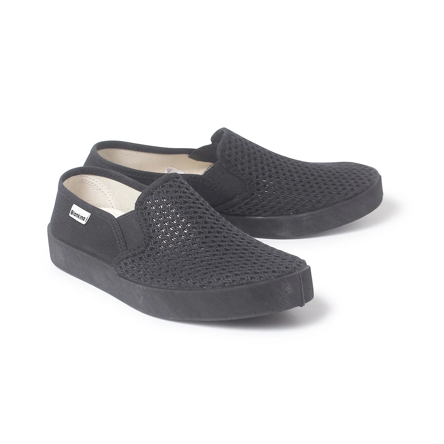 Barcelona Breathable Mesh Cotton Canvas Slip Ons - Black