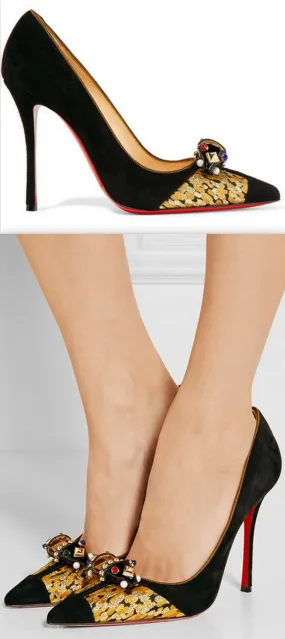 Brocade-Trimmed Embellished Suede Pumps