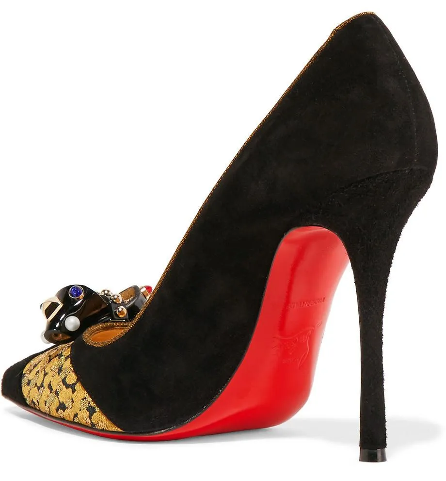 Brocade-Trimmed Embellished Suede Pumps