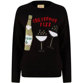 Christmas Fizz Lurex Glitter Womens Novelty Christmas Jumper - Black