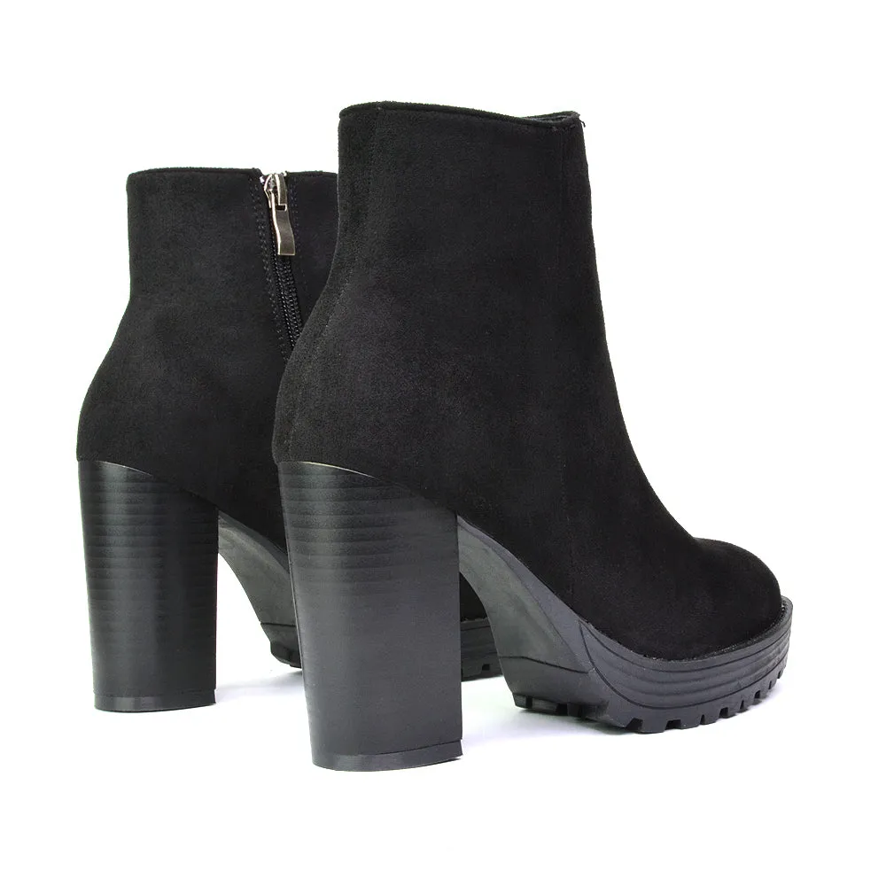 Cole Chunky Biker Block Heeled Platform Sock Ankle Boots in Black Faux Suede