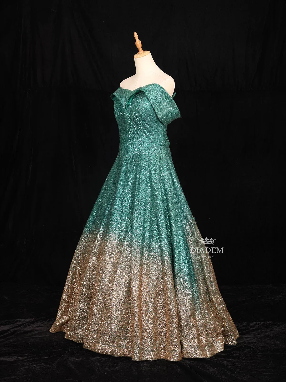 Dark Green Glitter Net Off-Shoulder Gown