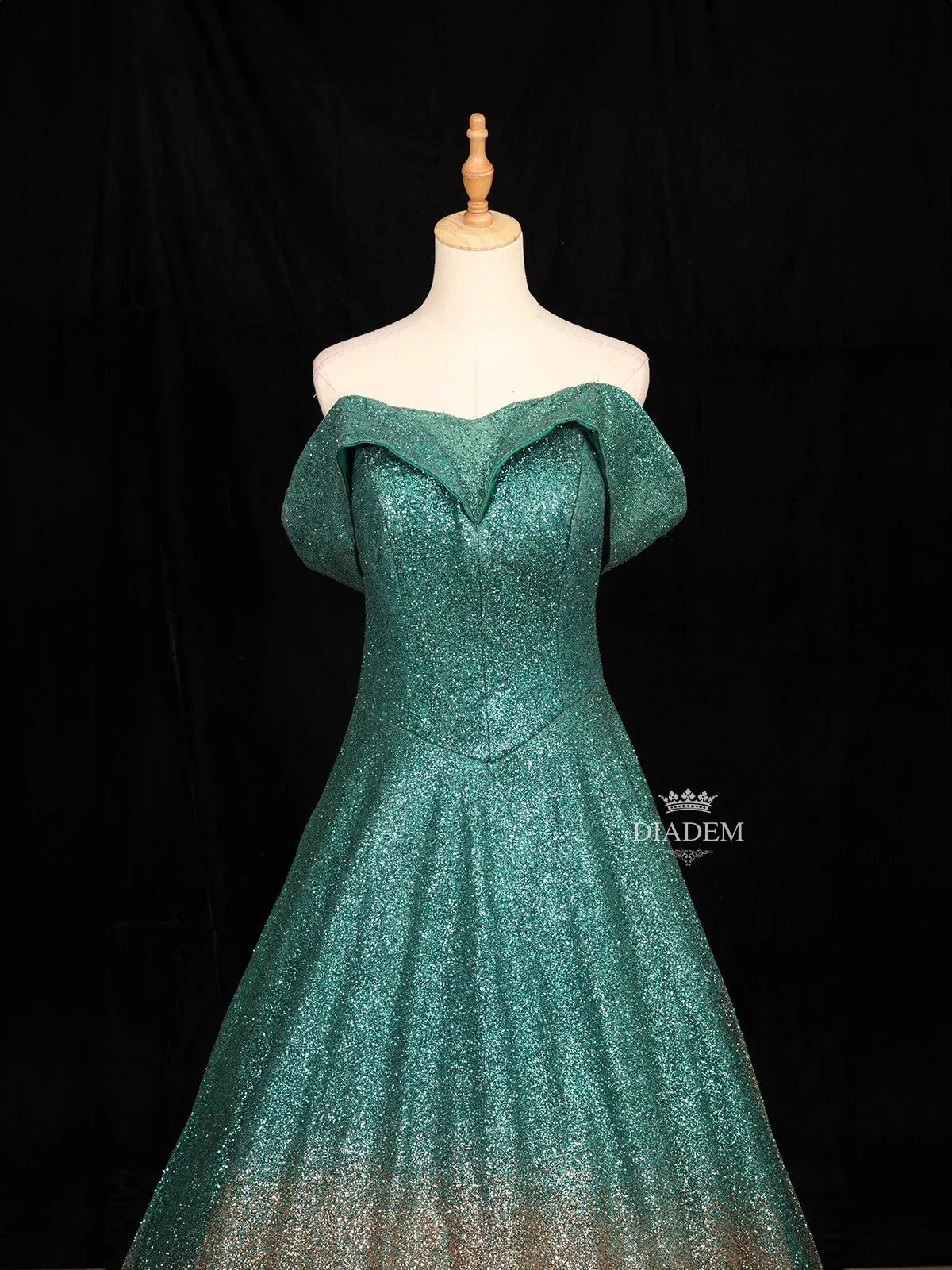 Dark Green Glitter Net Off-Shoulder Gown