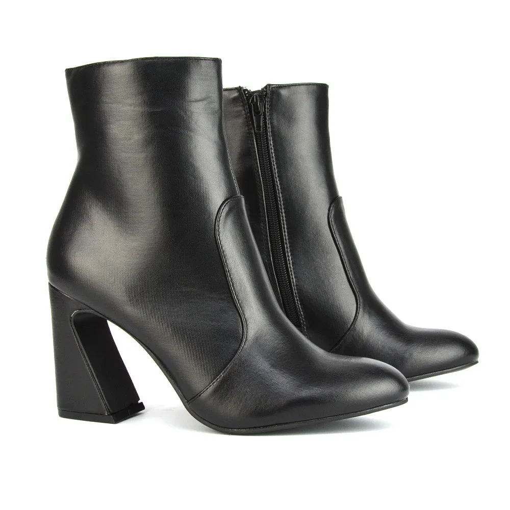 Davina Mid High Flared Sculptured Heel Zip-Up Ankle Boots in Black Synthetic Leather