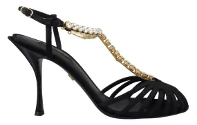 Dolce & Gabbana Black Satin Clear Crystal T-strap Sandal Shoes