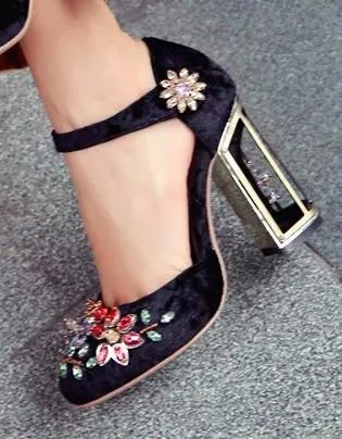 Embellished Caged-Heel Velvet Pumps