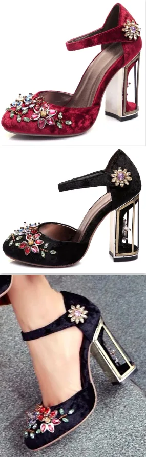 Embellished Caged-Heel Velvet Pumps