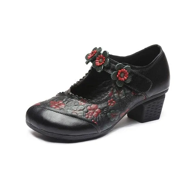 Genuine Leather Round Toe Women Thick Heel Flowers Handmade Shoes