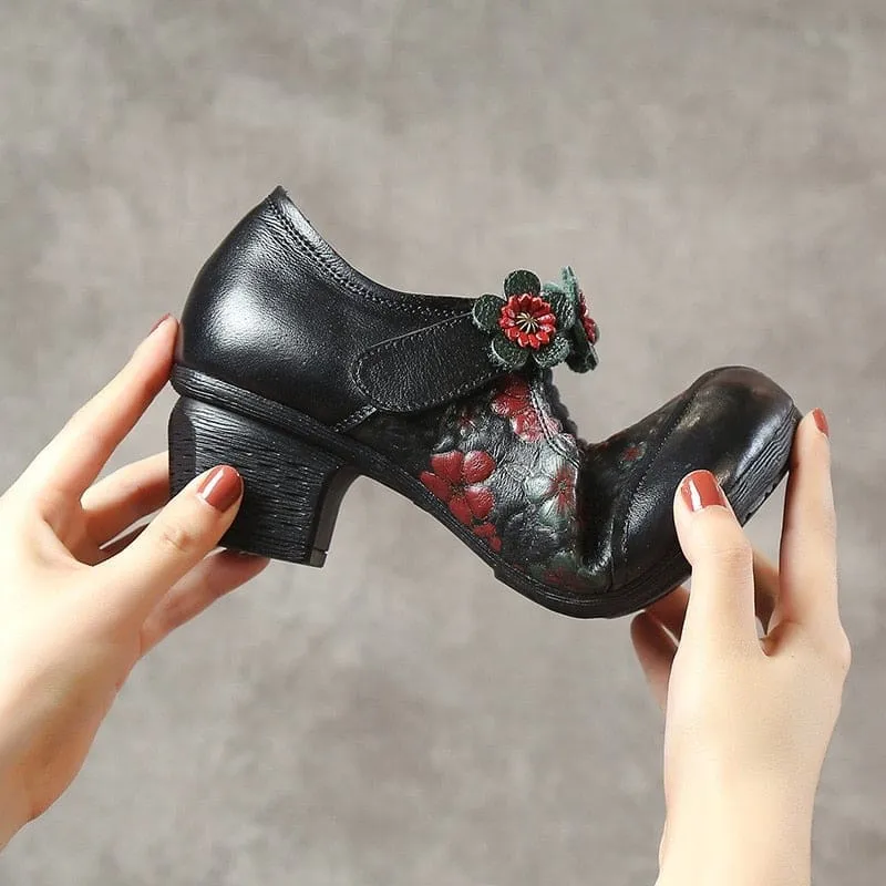 Genuine Leather Round Toe Women Thick Heel Flowers Handmade Shoes