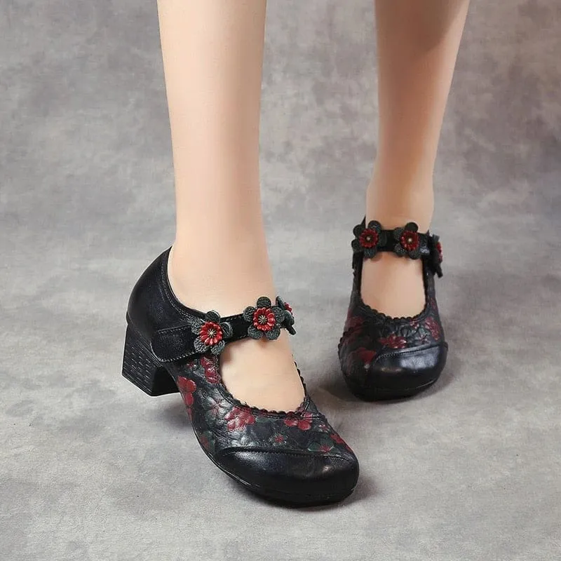 Genuine Leather Round Toe Women Thick Heel Flowers Handmade Shoes