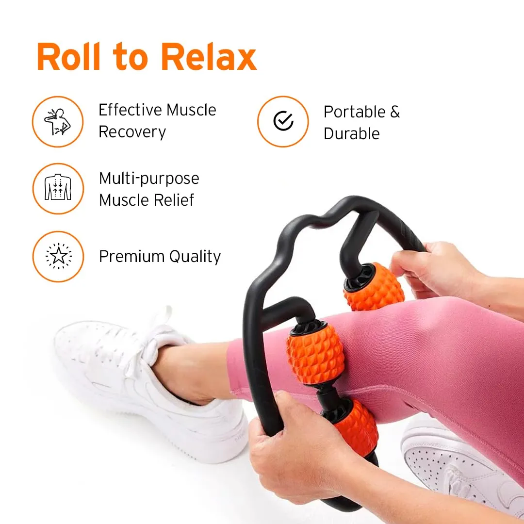 HEAD Dual Massage Roller | Foam Roller For Neck Pain Relief | Massage Roller for Exercise Gym | Leg, Neck, Waist, Arm, Elbow, Calf Massager | Fitness Equipment | Four Acupressure Wheels-Black & Orange