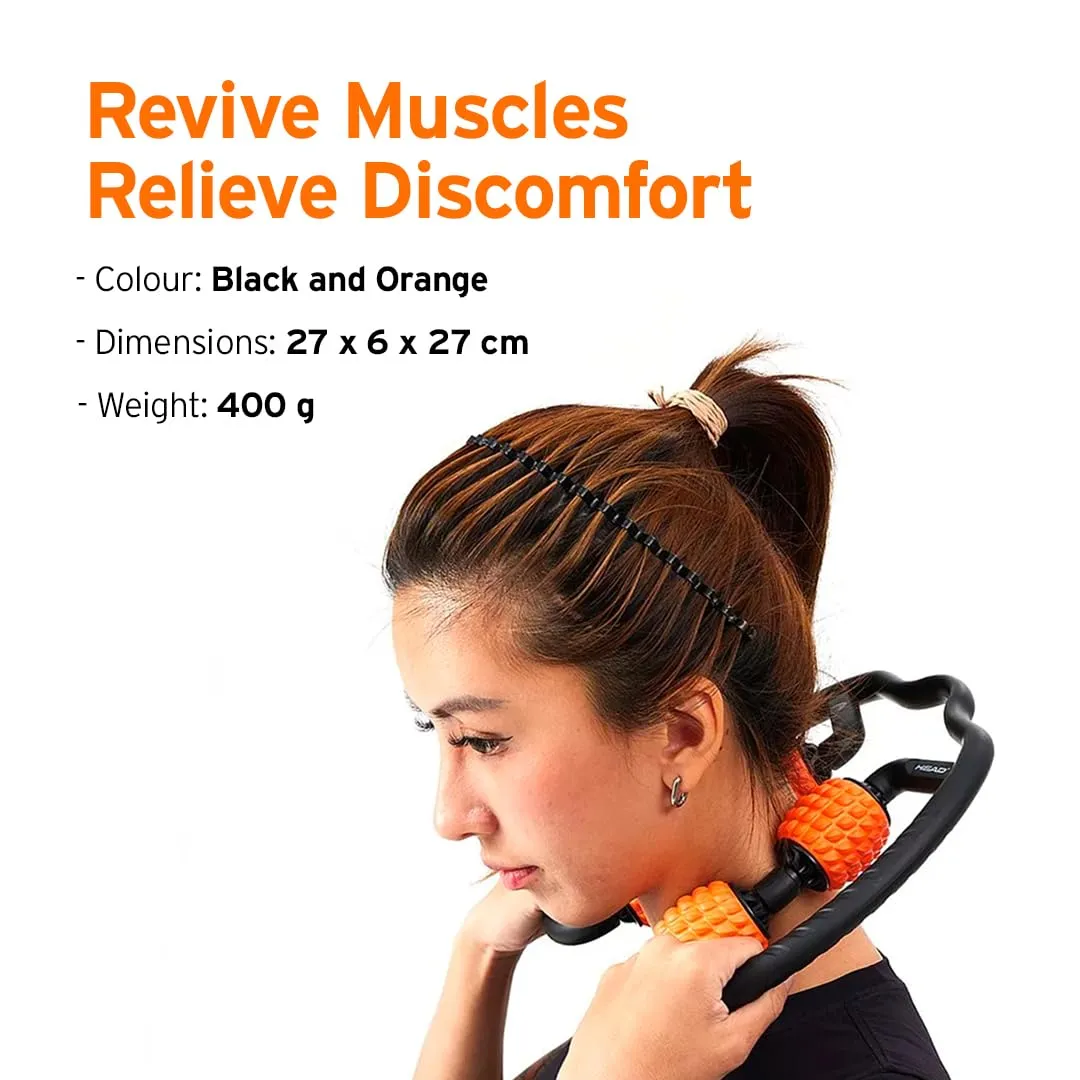 HEAD Dual Massage Roller | Foam Roller For Neck Pain Relief | Massage Roller for Exercise Gym | Leg, Neck, Waist, Arm, Elbow, Calf Massager | Fitness Equipment | Four Acupressure Wheels-Black & Orange