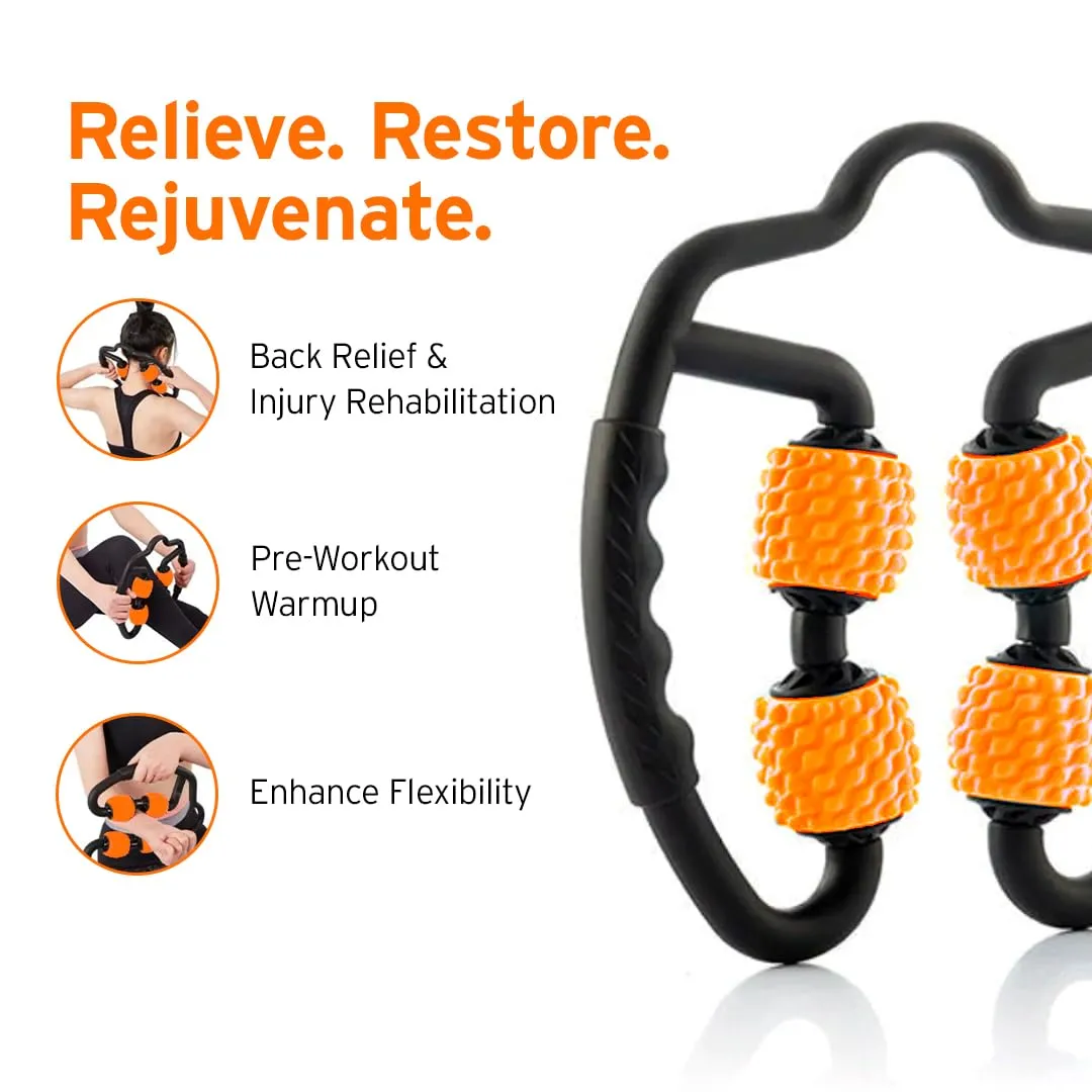 HEAD Dual Massage Roller | Foam Roller For Neck Pain Relief | Massage Roller for Exercise Gym | Leg, Neck, Waist, Arm, Elbow, Calf Massager | Fitness Equipment | Four Acupressure Wheels-Black & Orange