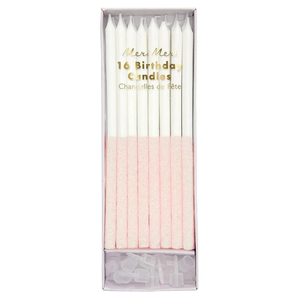 Light Pink Glitter Dipped Candles,  Set of 16 Tall White Birthday Candles Dipped in Sparkling Light Pink Glitter