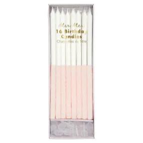 Light Pink Glitter Dipped Candles,  Set of 16 Tall White Birthday Candles Dipped in Sparkling Light Pink Glitter