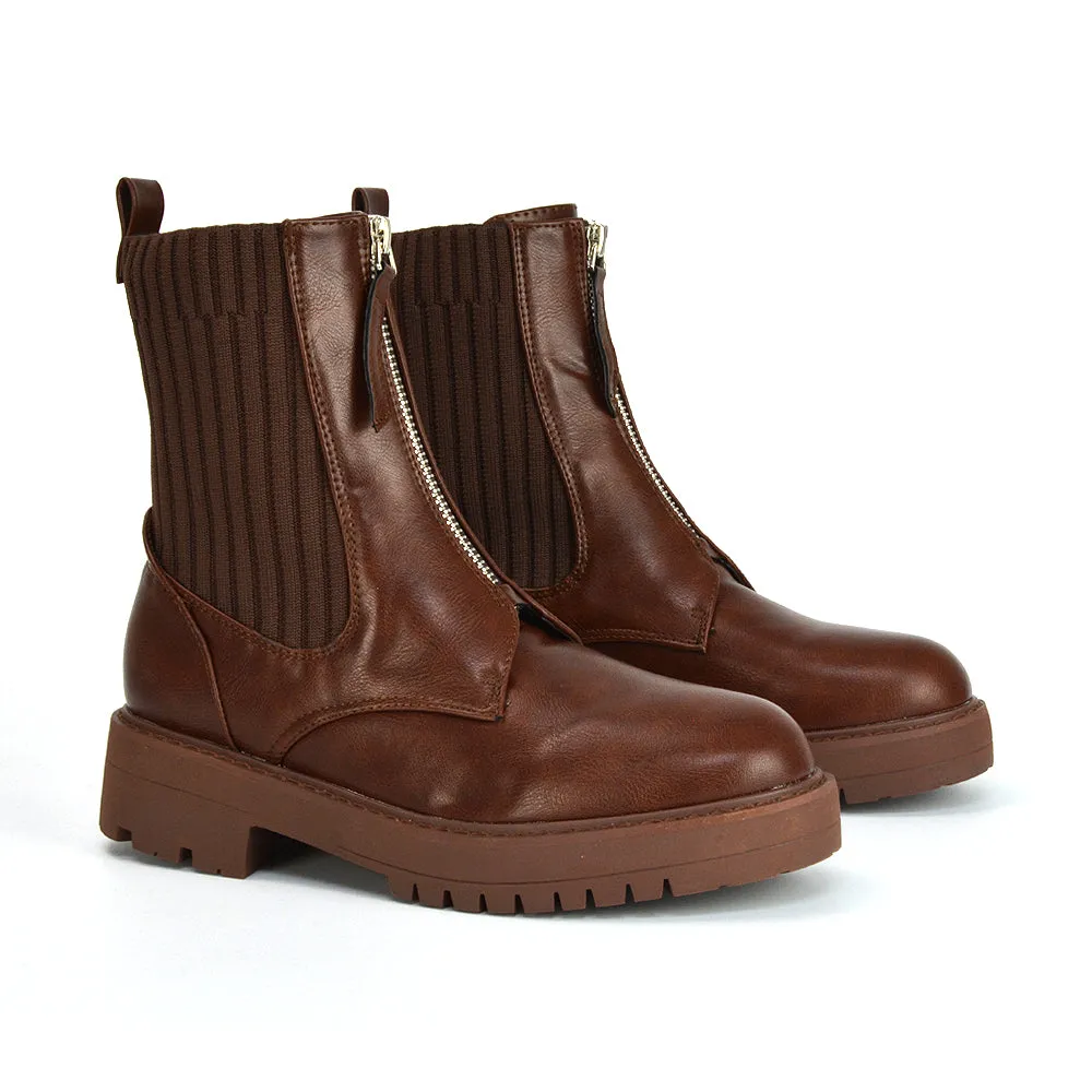 Nala Front Zip Up Chunky Sole Flat Biker Knitted Sock Ankle Boots in Brown Synthetic Leather