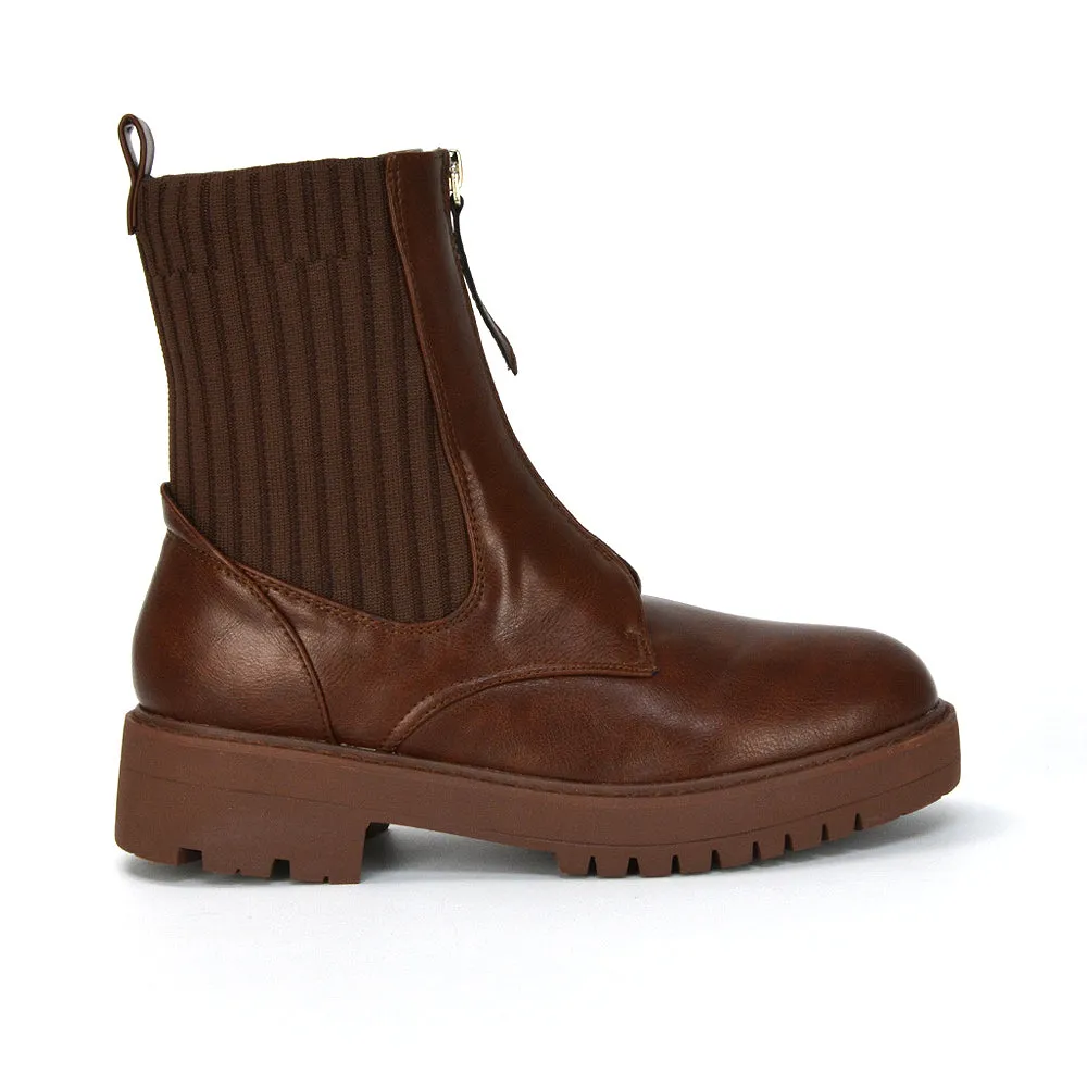 Nala Front Zip Up Chunky Sole Flat Biker Knitted Sock Ankle Boots in Brown Synthetic Leather