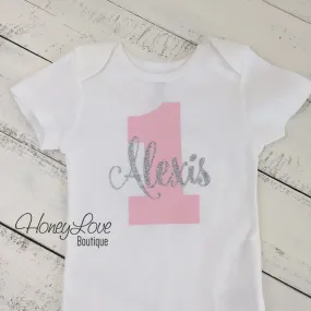 Personalized 1st Birthday Bodysuit - Light Pink and Silver glitter