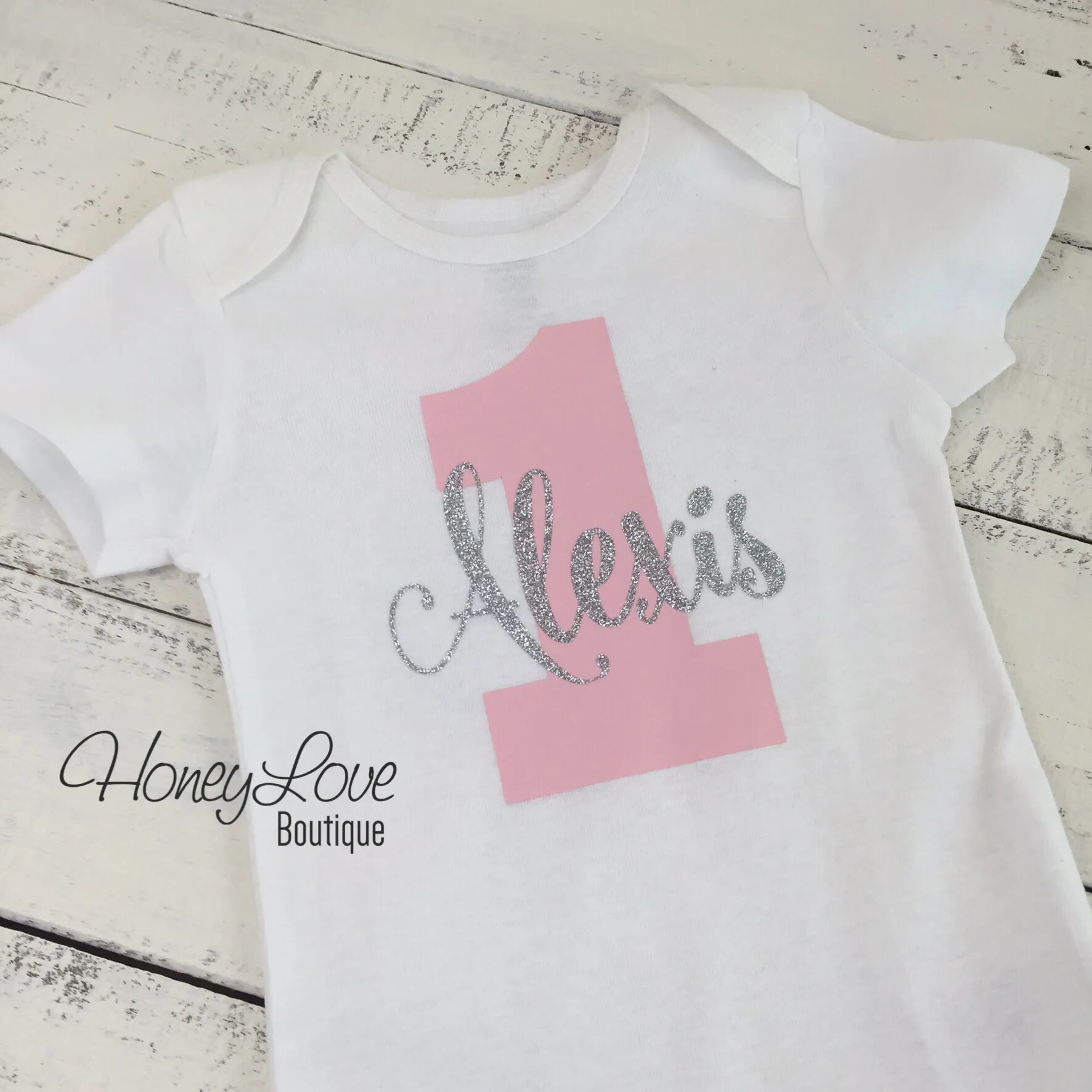 Personalized 1st Birthday Bodysuit - Light Pink and Silver glitter