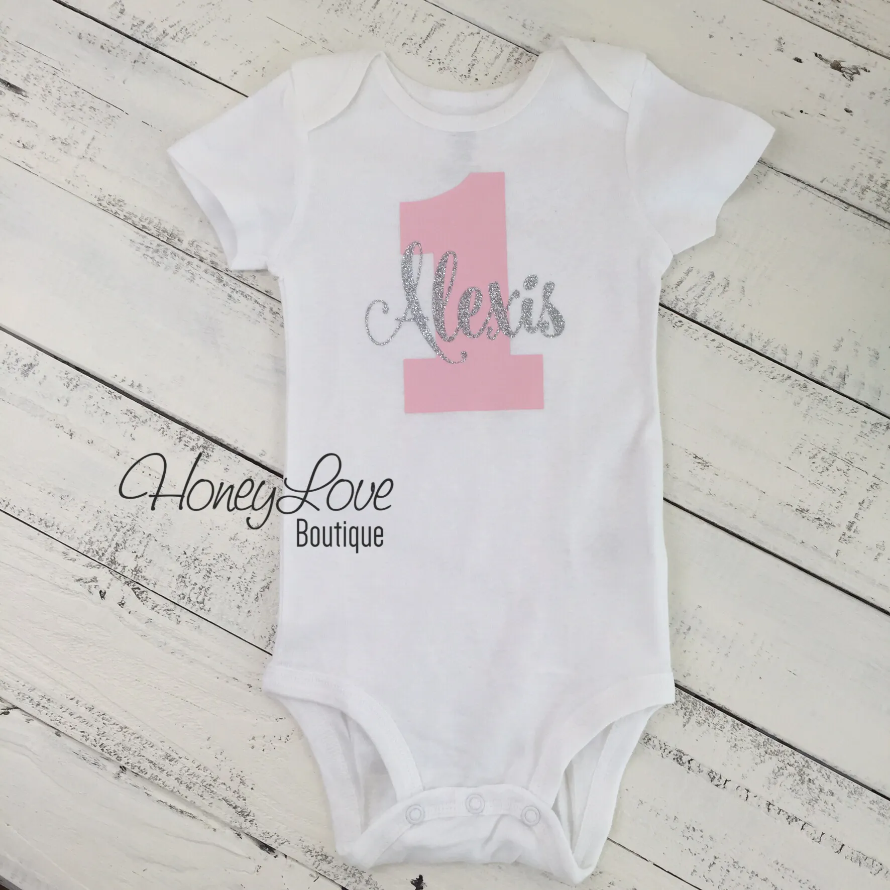 Personalized 1st Birthday Bodysuit - Light Pink and Silver glitter