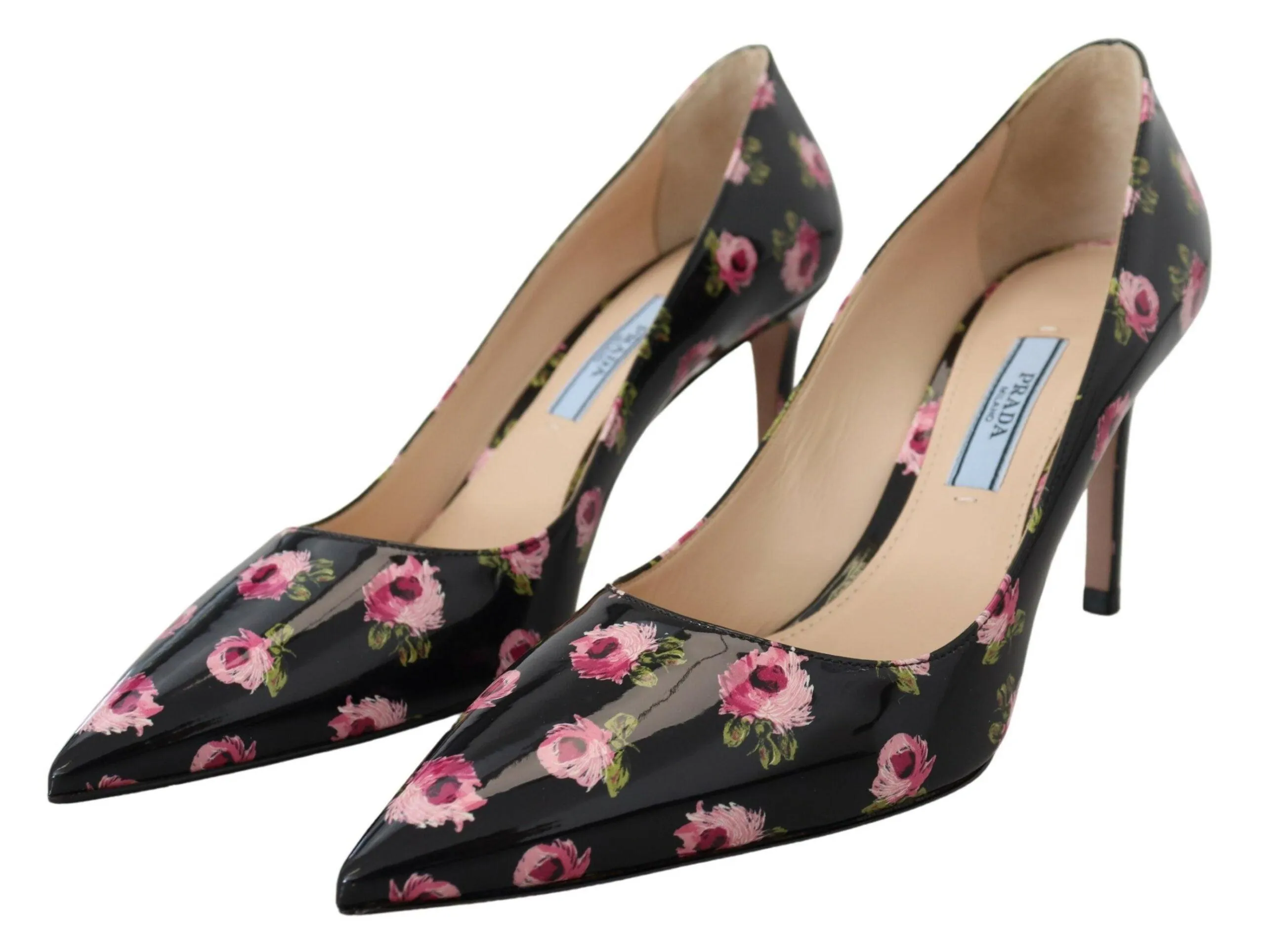 Prada Black Leather Floral Heels Stilettos Pumps