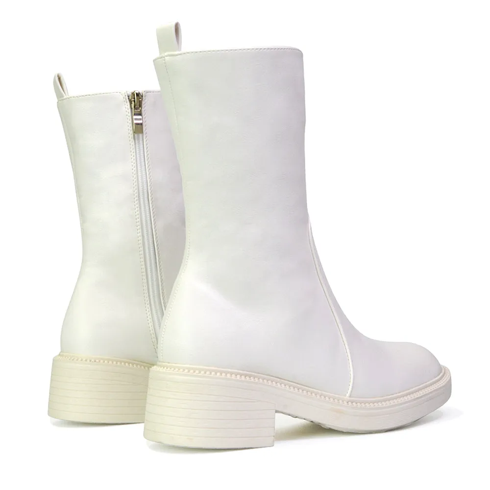 Senna Chunky Block Heel Low Platform Sole Zip Up Biker Sock Ankle Boots in White Synthetic Leather