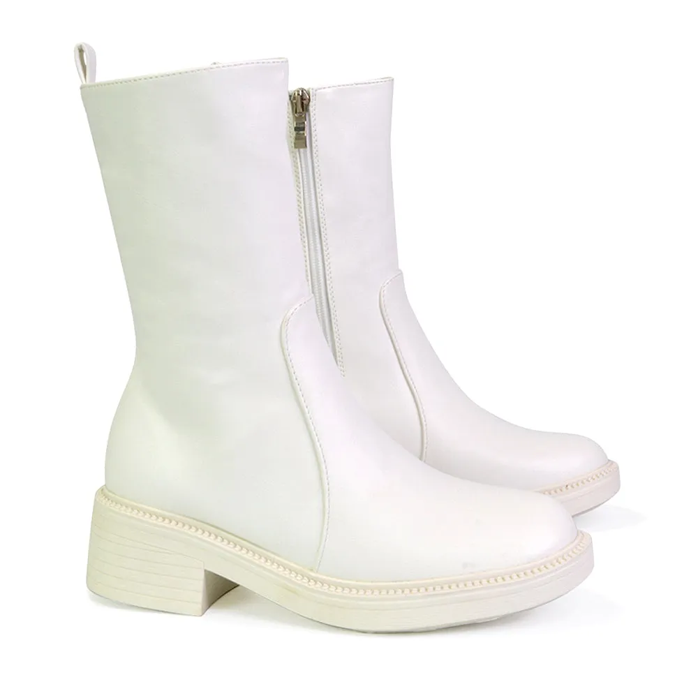 Senna Chunky Block Heel Low Platform Sole Zip Up Biker Sock Ankle Boots in White Synthetic Leather