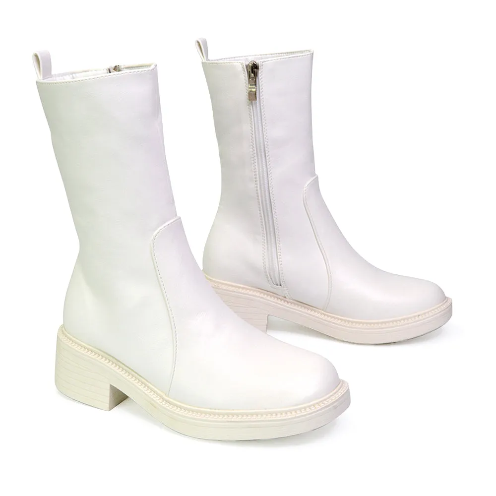 Senna Chunky Block Heel Low Platform Sole Zip Up Biker Sock Ankle Boots in White Synthetic Leather