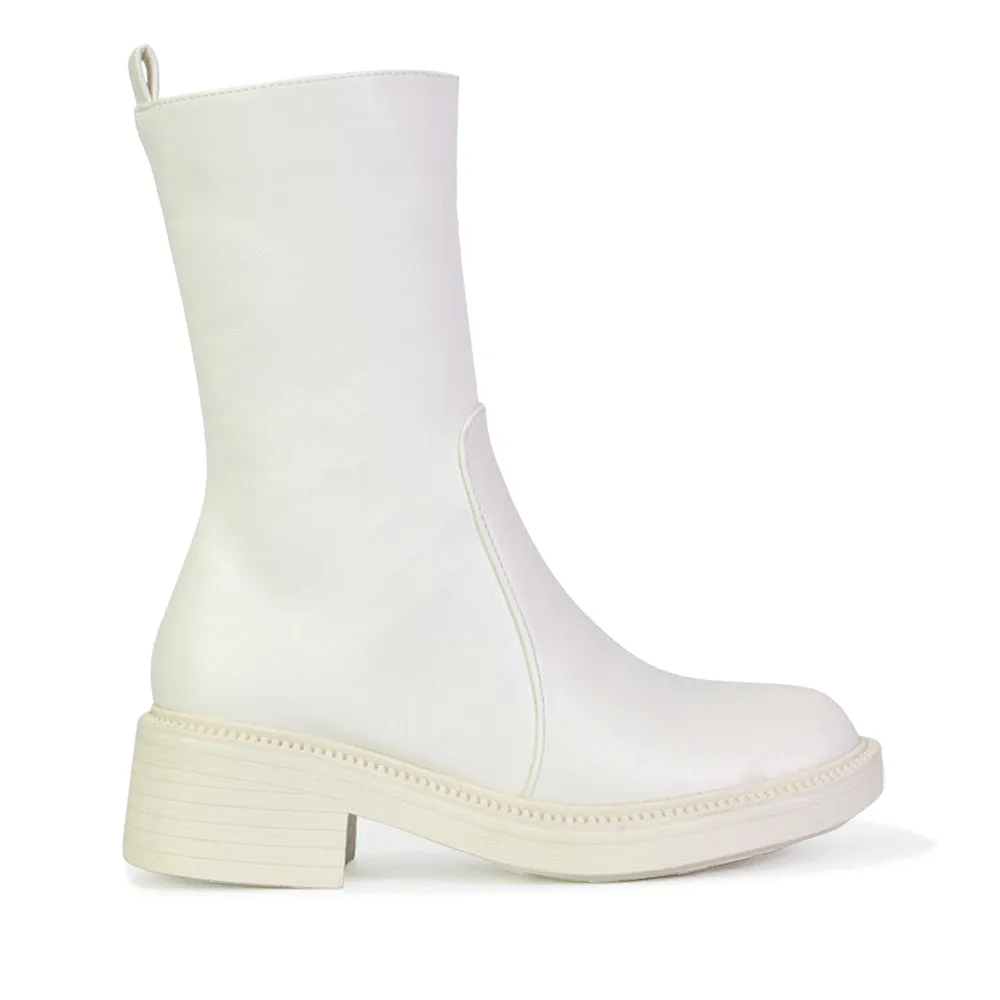 Senna Chunky Block Heel Low Platform Sole Zip Up Biker Sock Ankle Boots in White Synthetic Leather