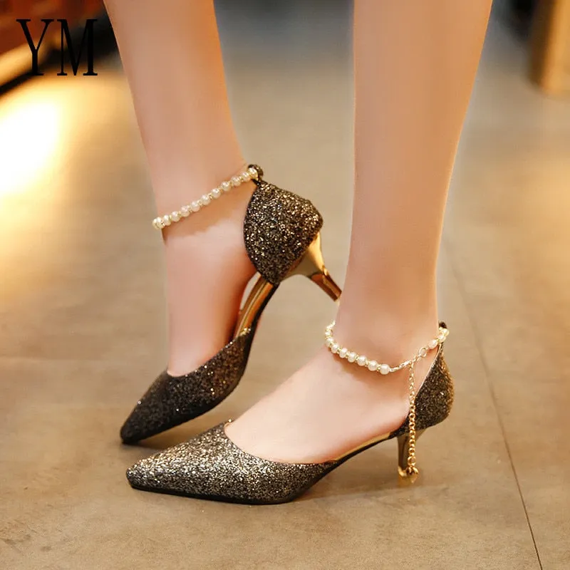 Sexy Pointed toe Breathable Pearl High heels