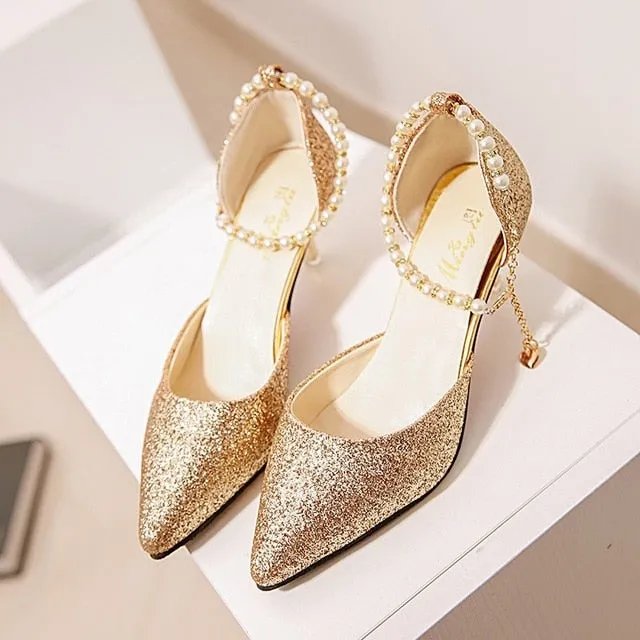 Sexy Pointed toe Breathable Pearl High heels