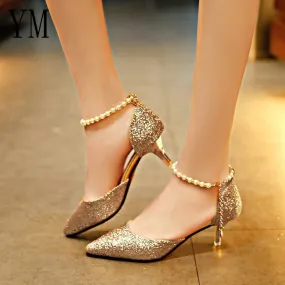 Sexy Pointed toe Breathable Pearl High heels