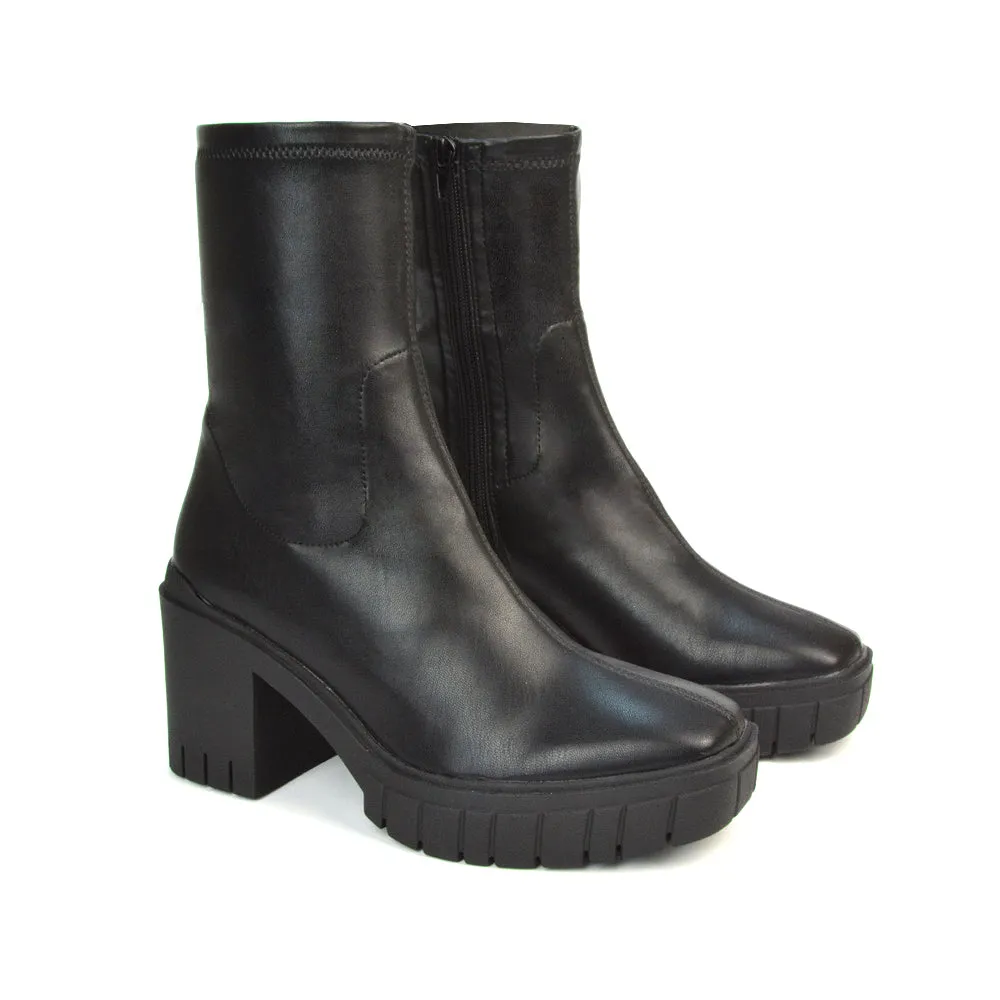 Storm Platform Sock Ankle Boots With A Block High Heel in Black PU