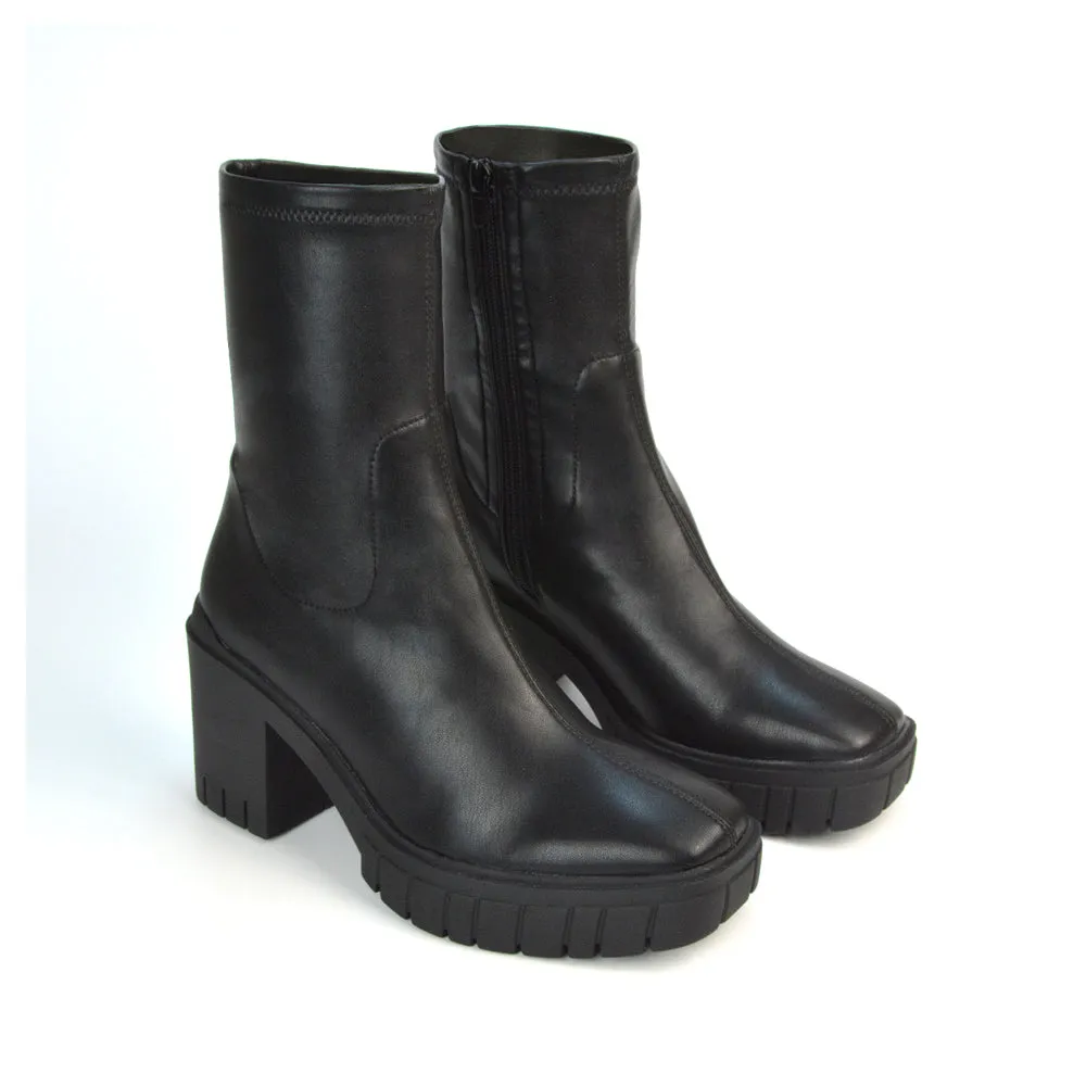 Storm Platform Sock Ankle Boots With A Block High Heel in Black PU