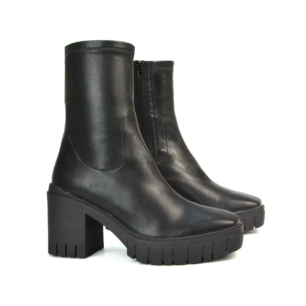 Storm Platform Sock Ankle Boots With A Block High Heel in Black PU