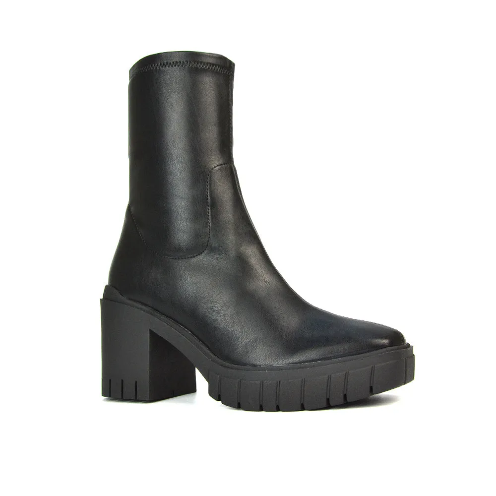 Storm Platform Sock Ankle Boots With A Block High Heel in Black PU