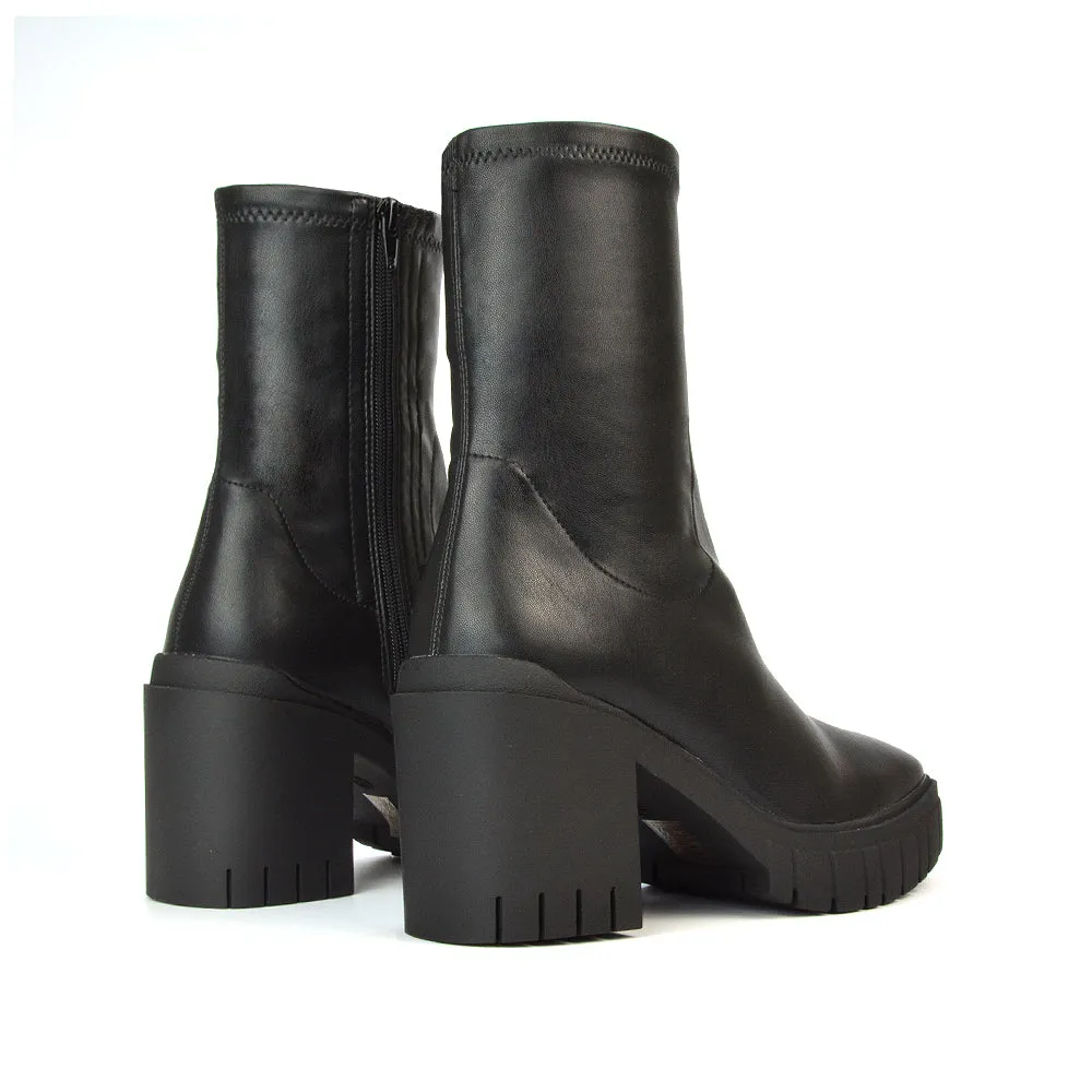 Storm Platform Sock Ankle Boots With A Block High Heel in Black PU