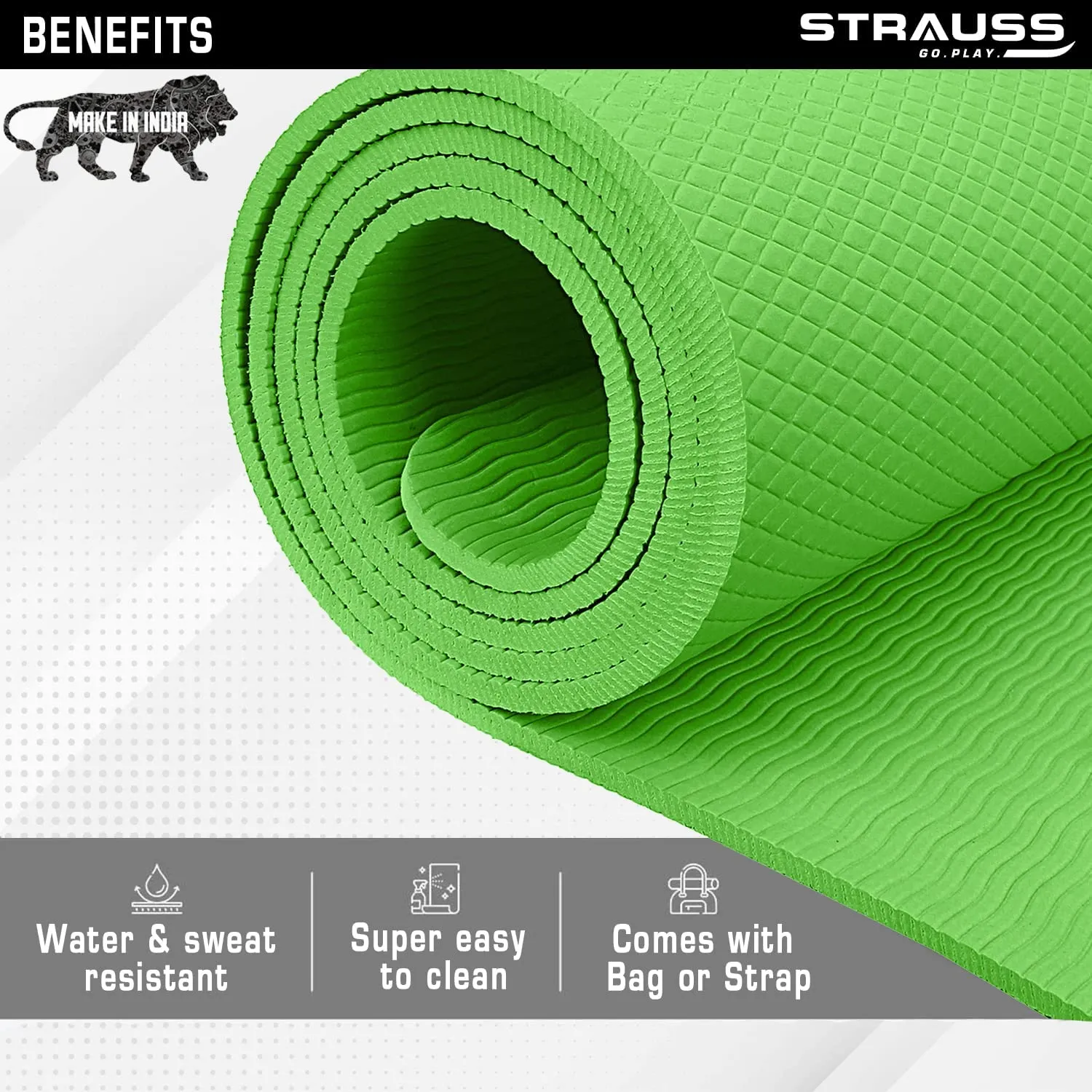 STRAUSS EVA Yoga Mat with Carry Strap | Non-Slip Exercise Mat for Home & Gym | Eco-Friendly, Lightweight & Durable Workout Mat | Ideal for Yoga, Pilates, Fitness | Ideal for Men & Women,8mm,(Green)