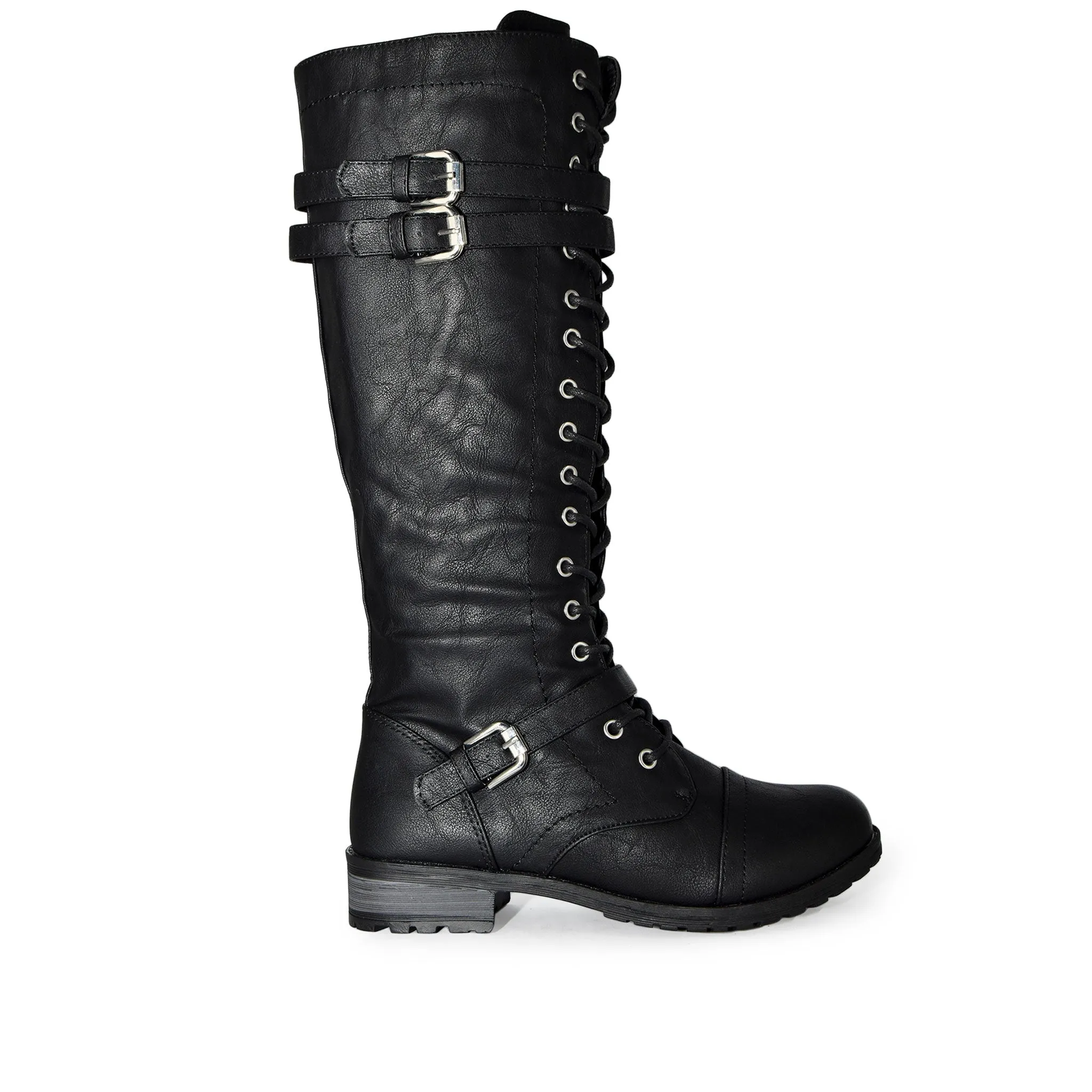 TIMBERLY-65A Strappy Buckle Military Combat Lace Up Knee Length Boots