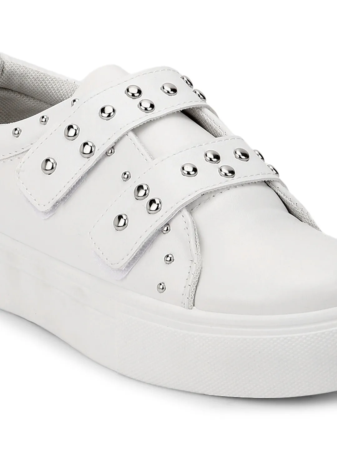 White PU Studded Strap Slip-On Sneakers