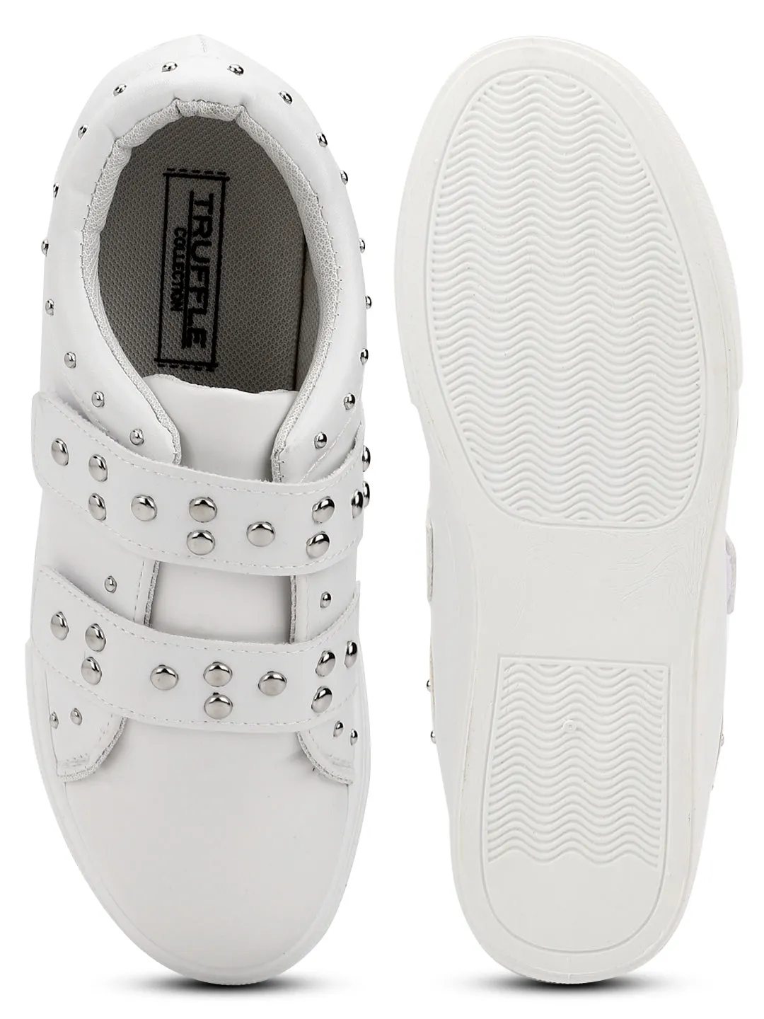 White PU Studded Strap Slip-On Sneakers