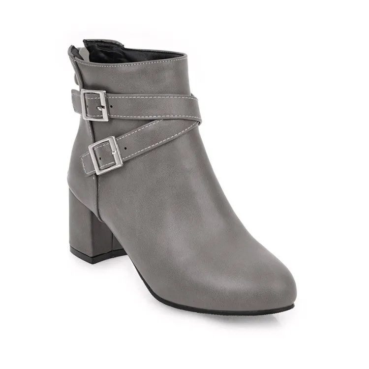 Women buckle strap back zipper solid color chunky heel short boots