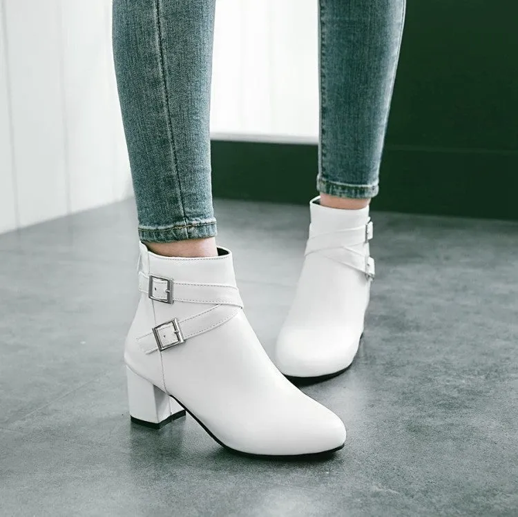 Women buckle strap back zipper solid color chunky heel short boots